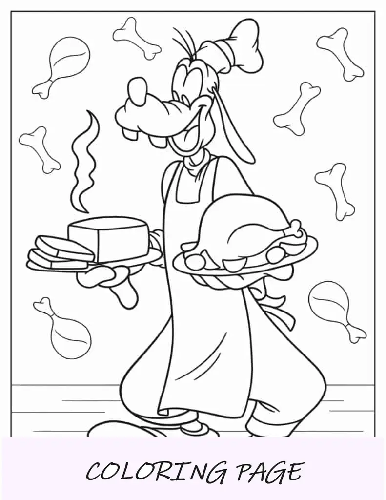Desenho para colorir de chef pateta servindo pão e peru
