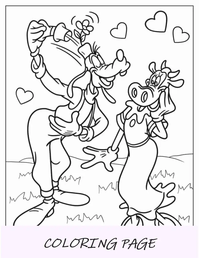 Pateta se curvando para a vaca Clarabelle para colorir