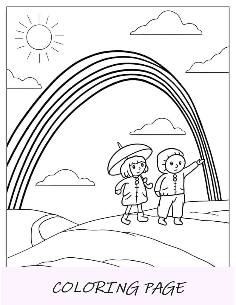 Due bambini che camminano sotto l'arcobaleno da colorare