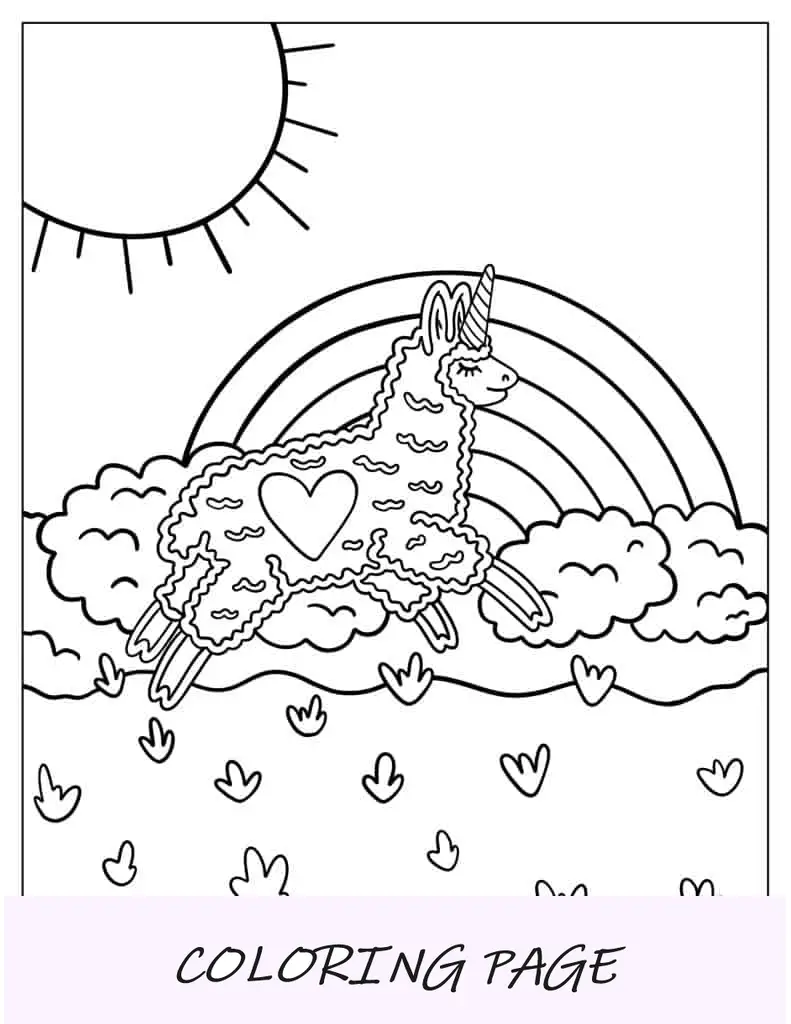 Lama unicorno che salta sopra l'arcobaleno