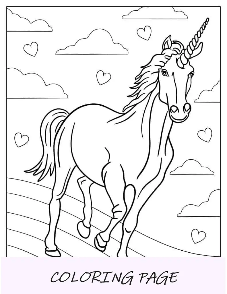 Unicorno dall'aspetto realistico che galoppa su un arcobaleno