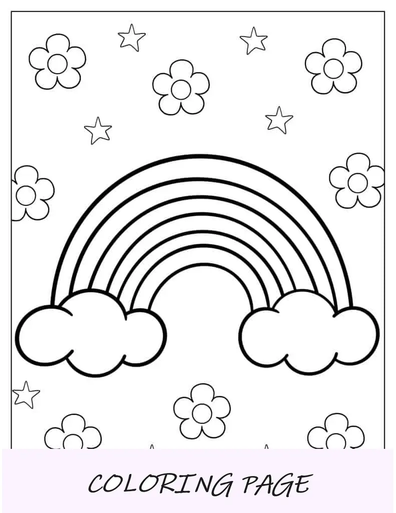 Pagina da colorare facile arcobaleno con fiori per bambini in età prescolare