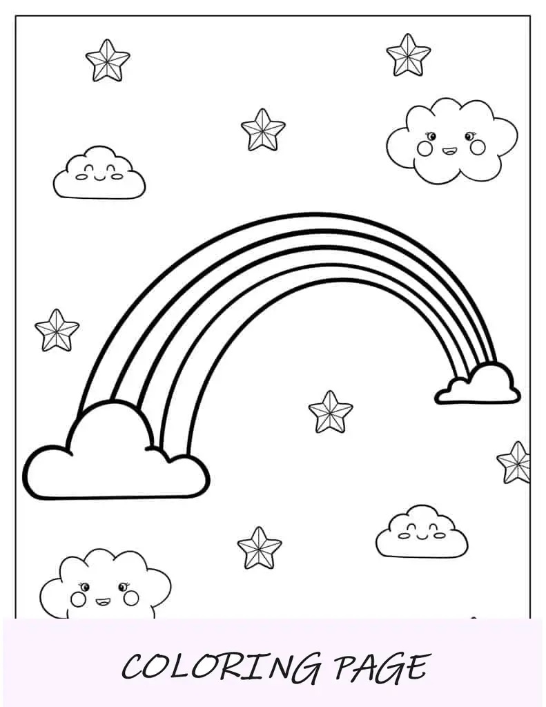 Pagina da colorare di un arcobaleno con nuvole e stelle