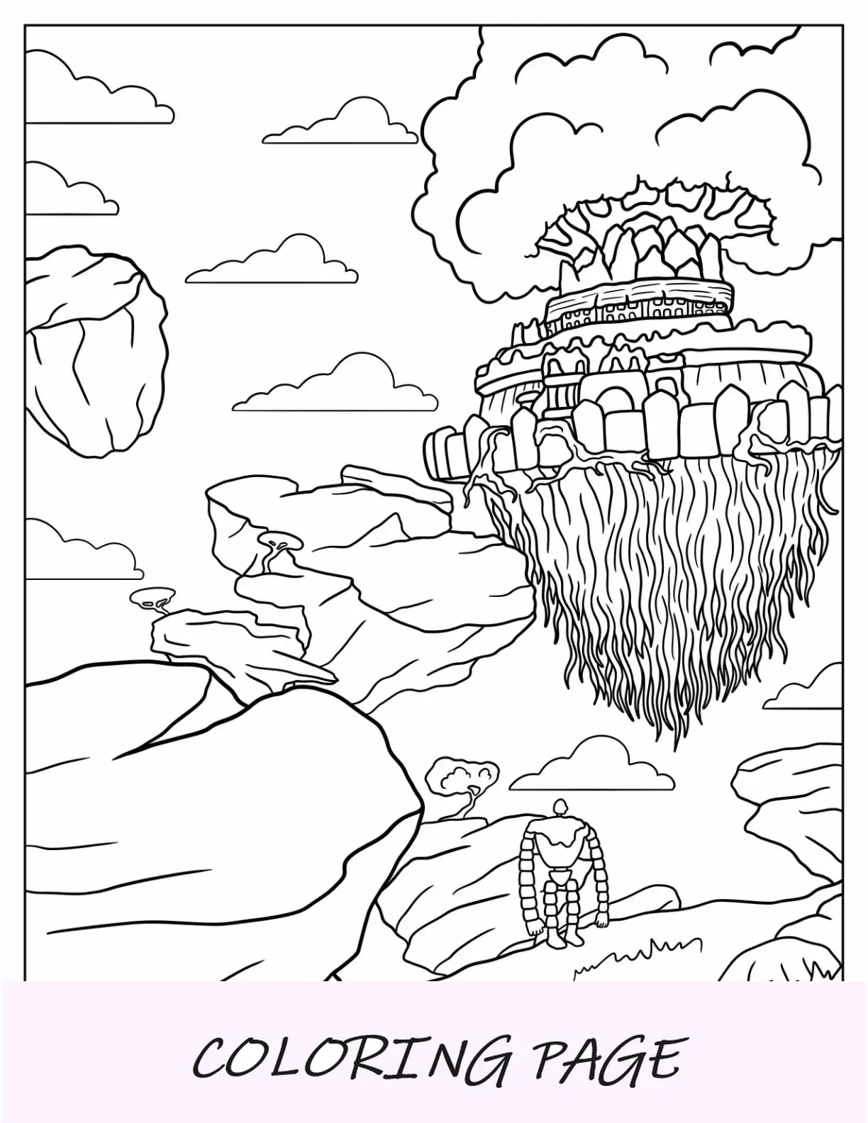 Dibujo para colorear de Studio Ghibli del castillo en el cielo