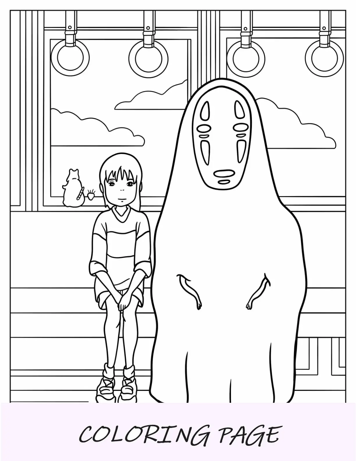 Página para colorear de Studio Ghibli de Chihiro en el viaje de Chihiro viajando en tren sin rostro y Bo