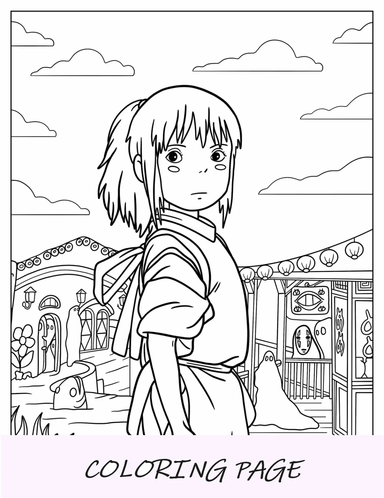 Dibujo para colorear de Studio Ghibli de Chihiro en El viaje de Chihiro en el mundo de los espíritus