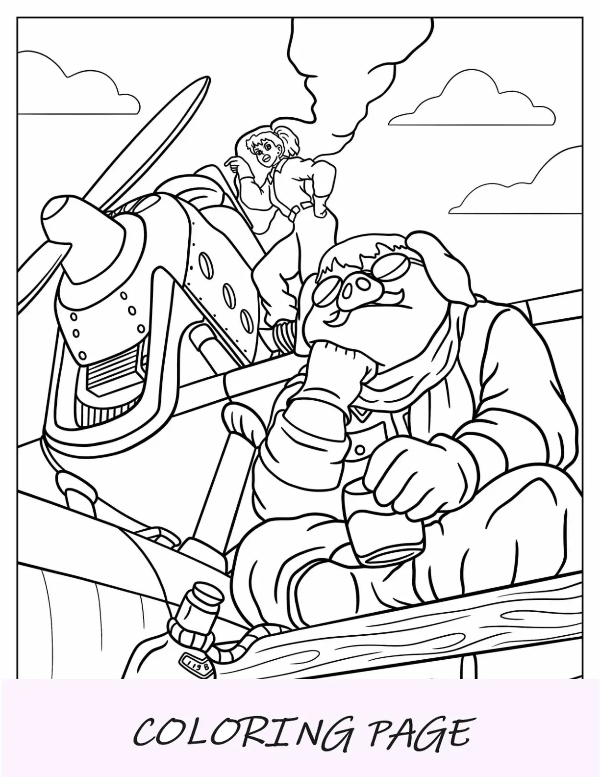 Página para colorear de Studio Ghibli de Porco Rosso siendo regañado por Fio