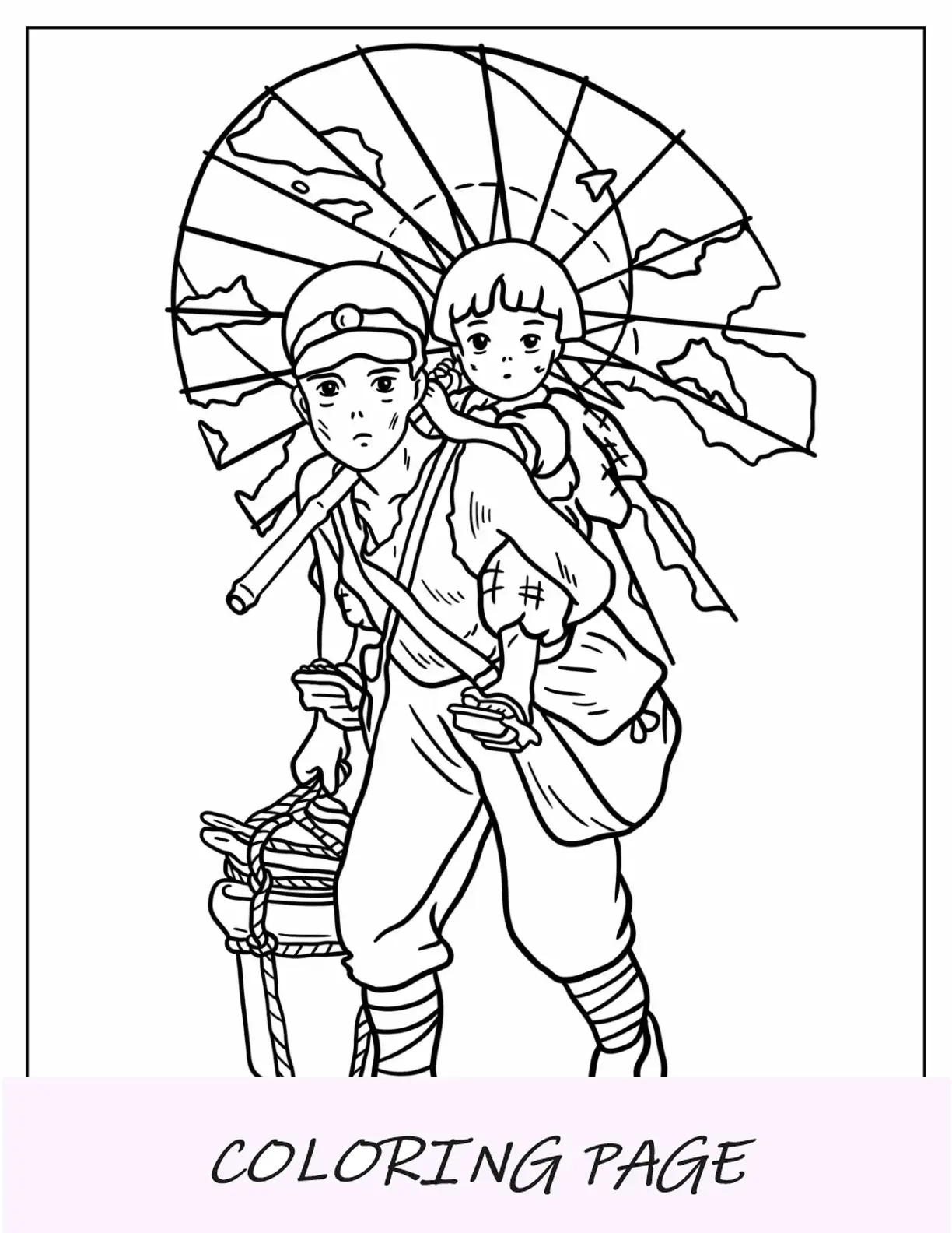 Página para colorear de Studio Ghibli del contorno de Seita y Setsuko de La tumba de las luciérnagas