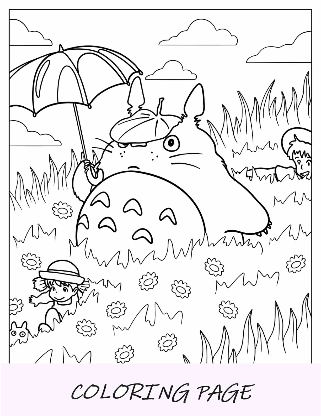 Dibujo para colorear de Studio Ghibli de Mei y Satsuki jugando con Totoro