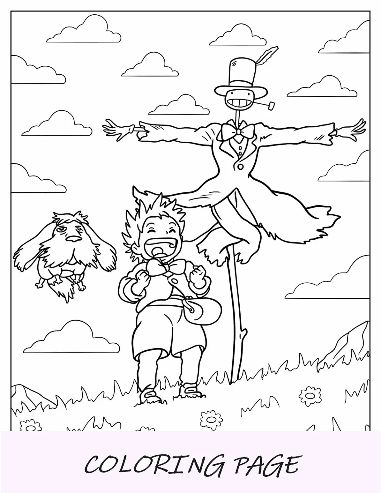 Página para colorear de Studio Ghibli de Markl, Hin y el Espantapájaros del Castillo Ambulante de Howl