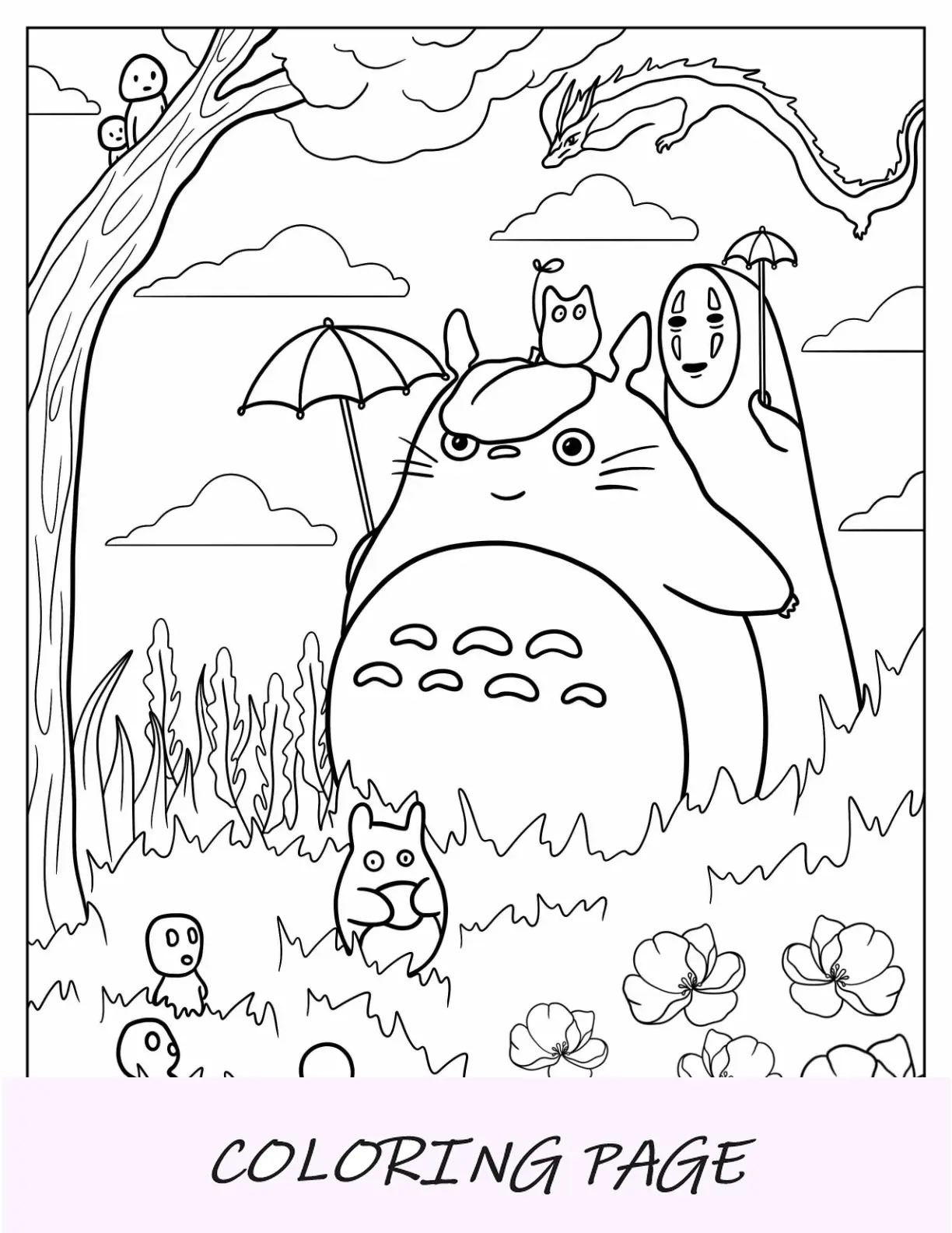 Dibujo para colorear de Studio Ghibli de Totoro sin rostro y Haku