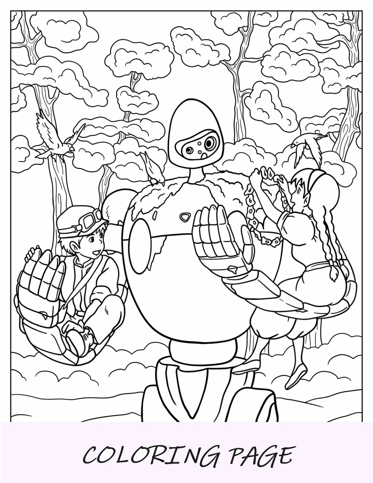 Dibujo para colorear de Studio Ghibli del castillo en el cielo Sheeta y Pazu con robot