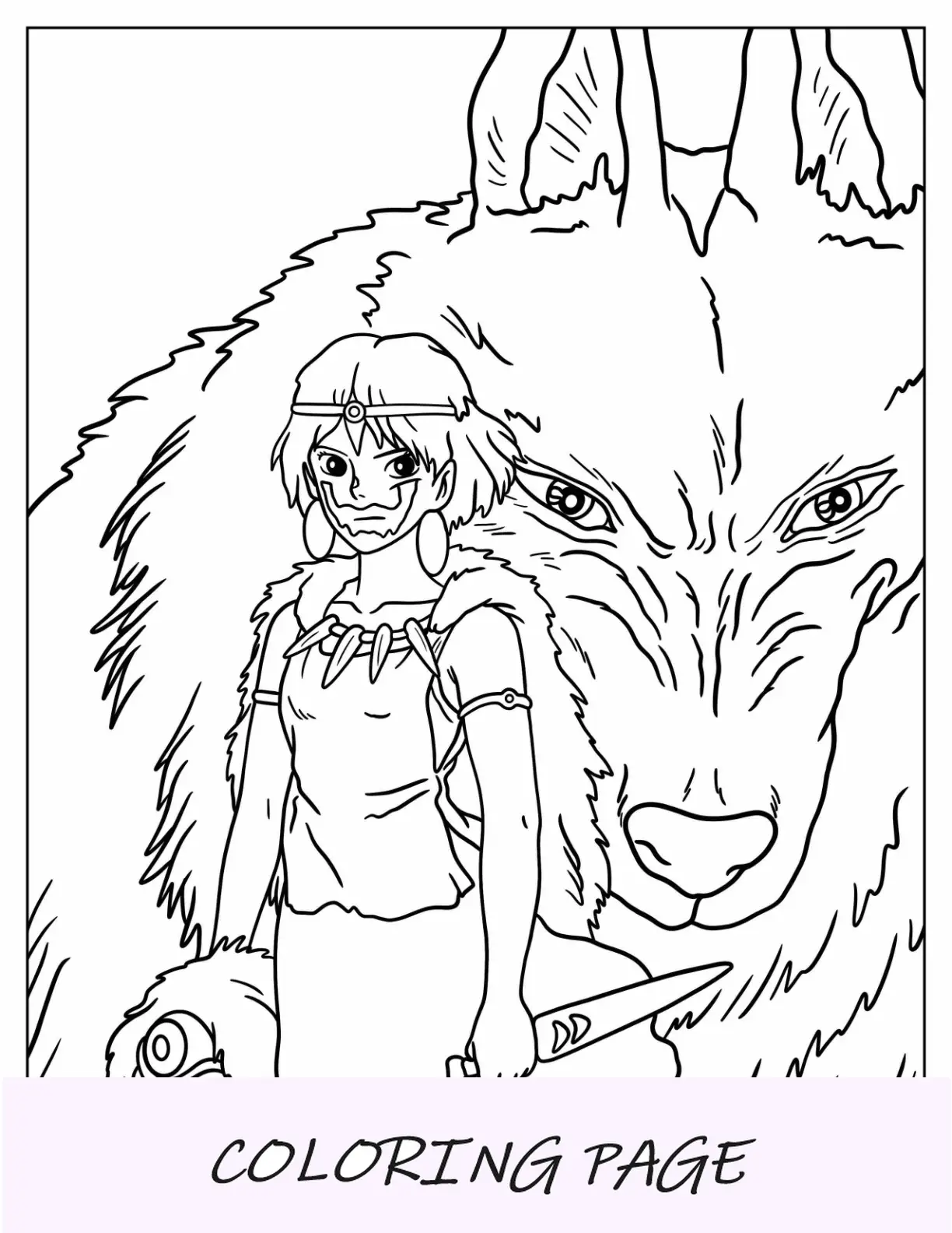 Dibujo para colorear de Studio Ghibli de San sosteniendo un cuchillo con Moro