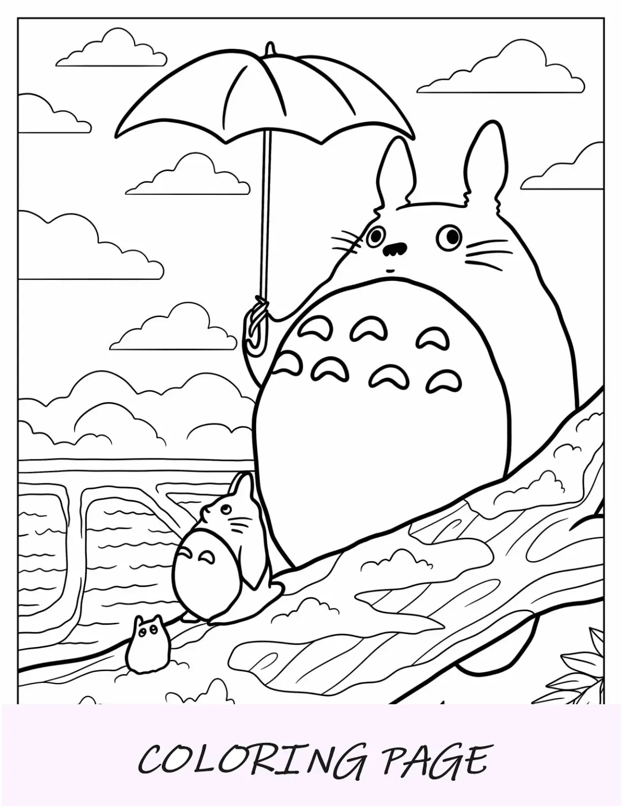 Dibujo para colorear de Studio Ghibli de Mi vecino Totoro sosteniendo un paraguas para niños