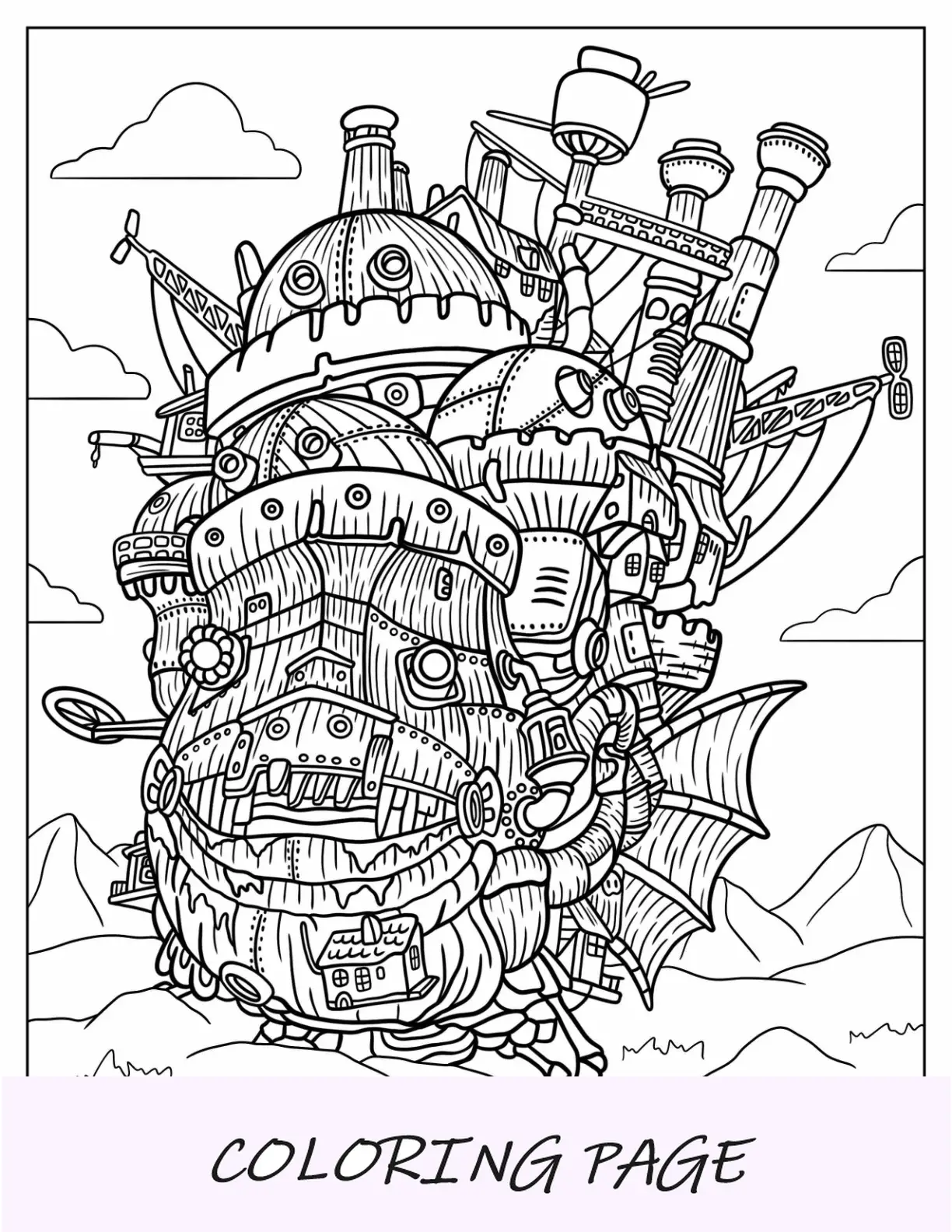 Página para colorear de Studio Ghibli del castillo ambulante de Howl detallado