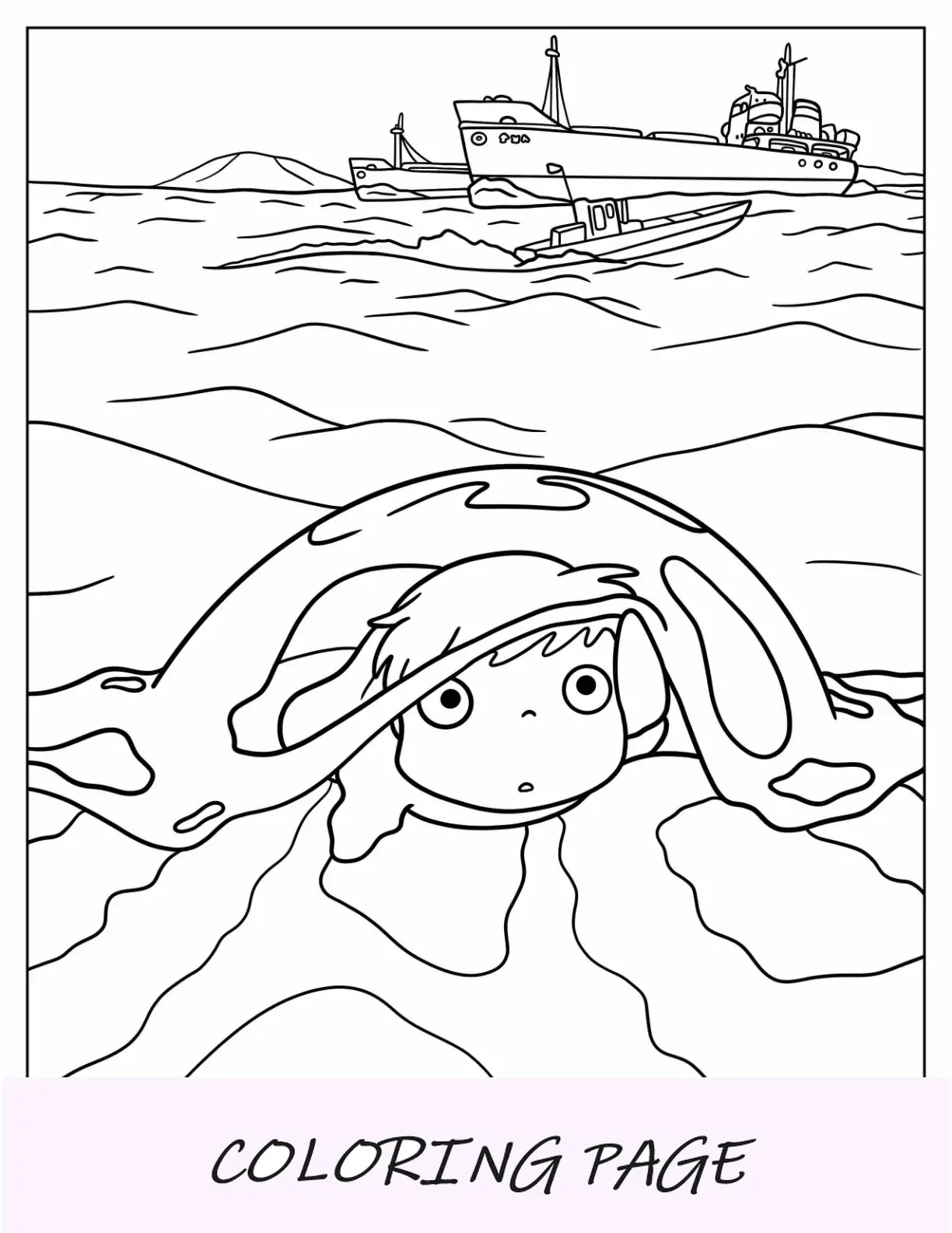 Página para colorear de Studio Ghibli de Ponyo mirando sobre el océano