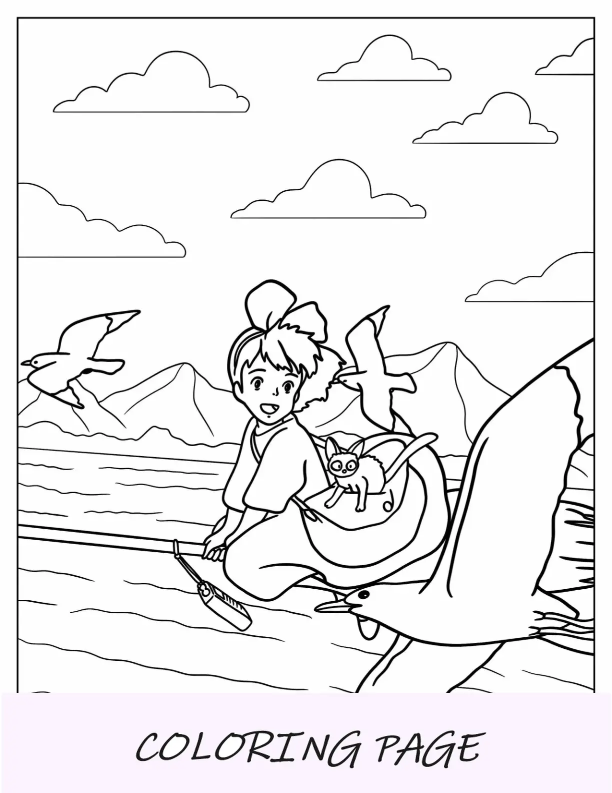 Página para colorear de Studio Ghibli del servicio de entrega de Kiki montando en escoba con Jiji sobre el océano