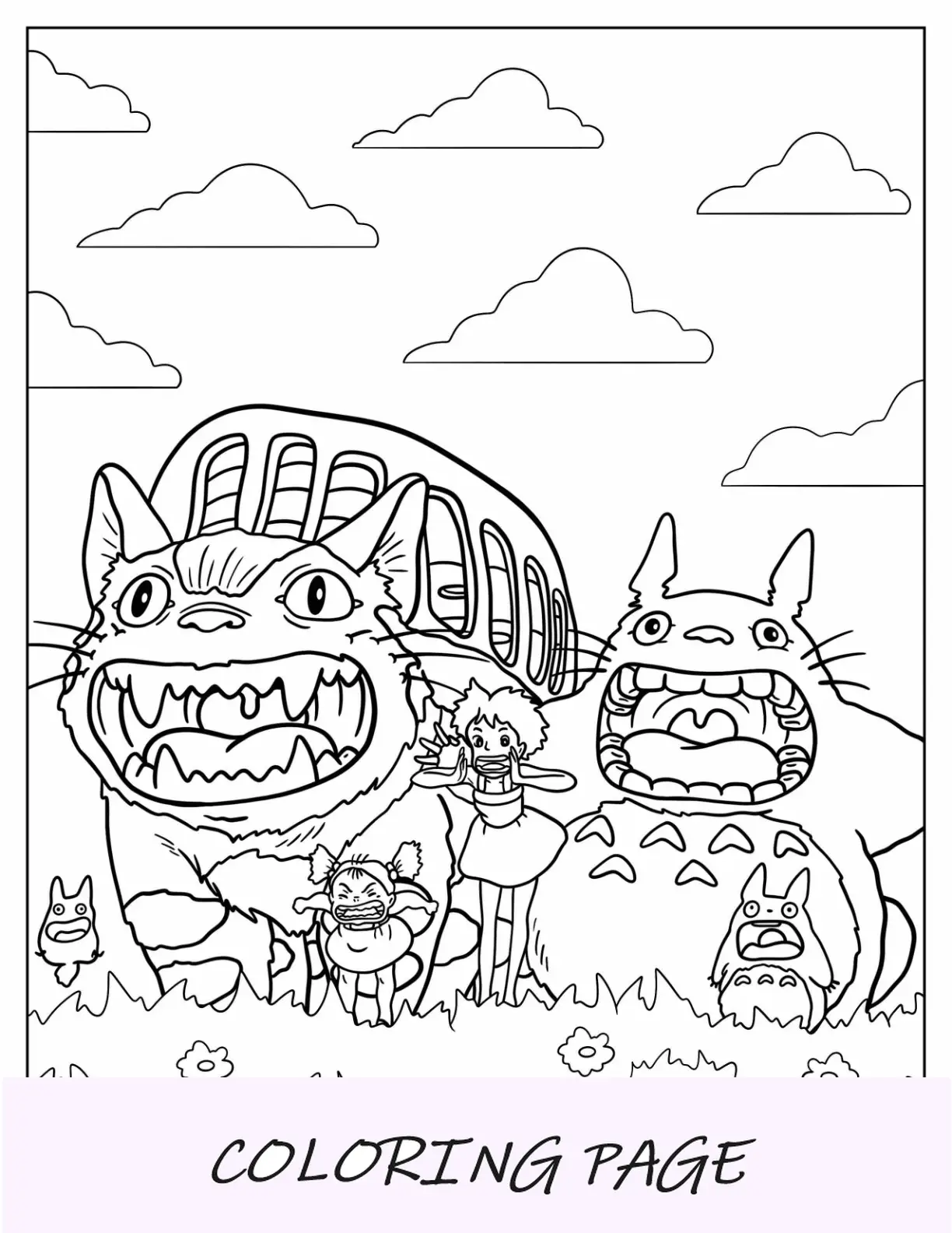 Página para colorear de Studio Ghibli de Totoro, Catbus, Mei y Satsuki gritando