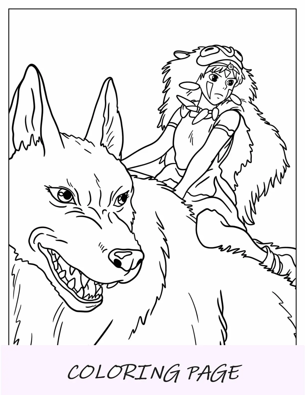 Dibujo para colorear de Studio Ghibli de la princesa Mononoke San montando a Moro