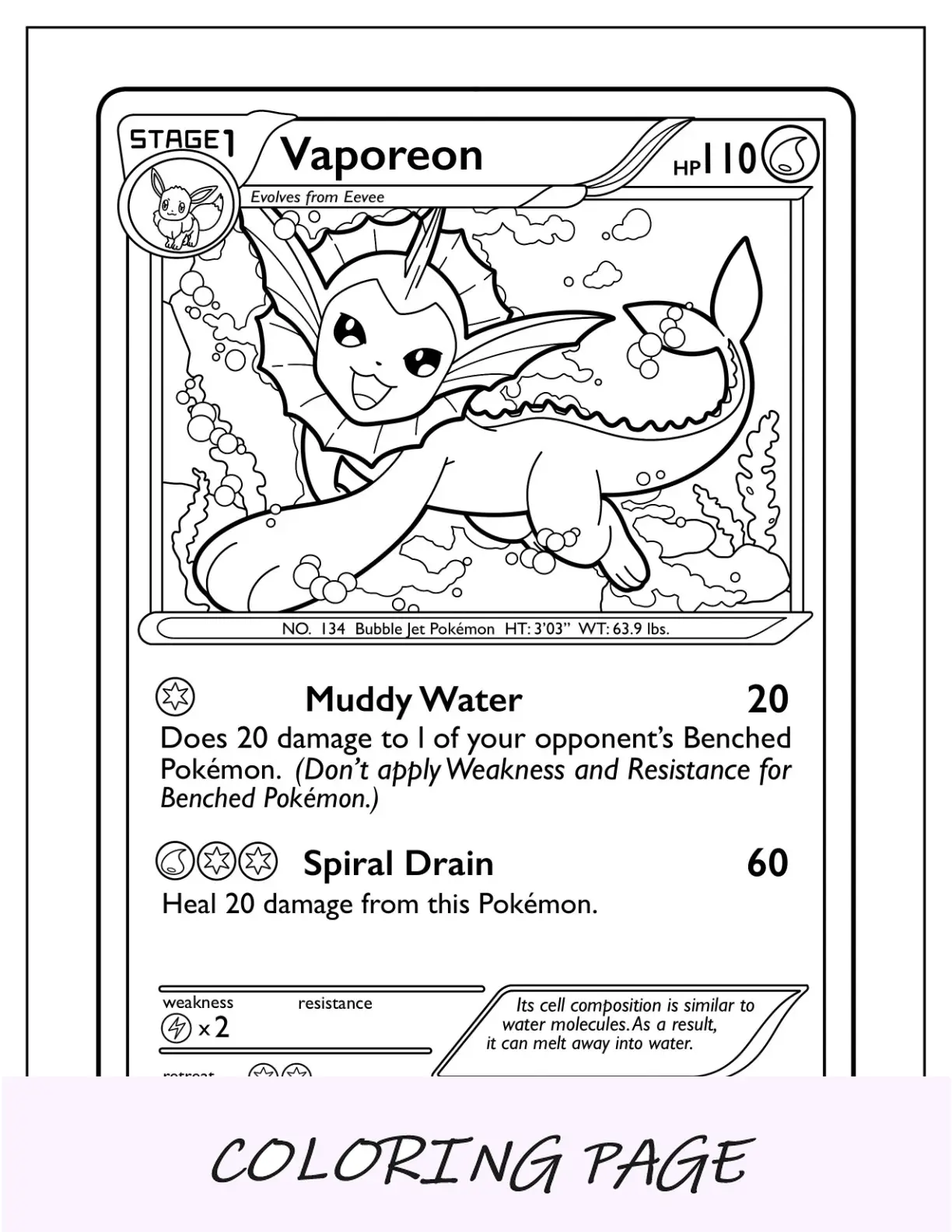 Página para colorear de Vaporeon Pokémon Póster