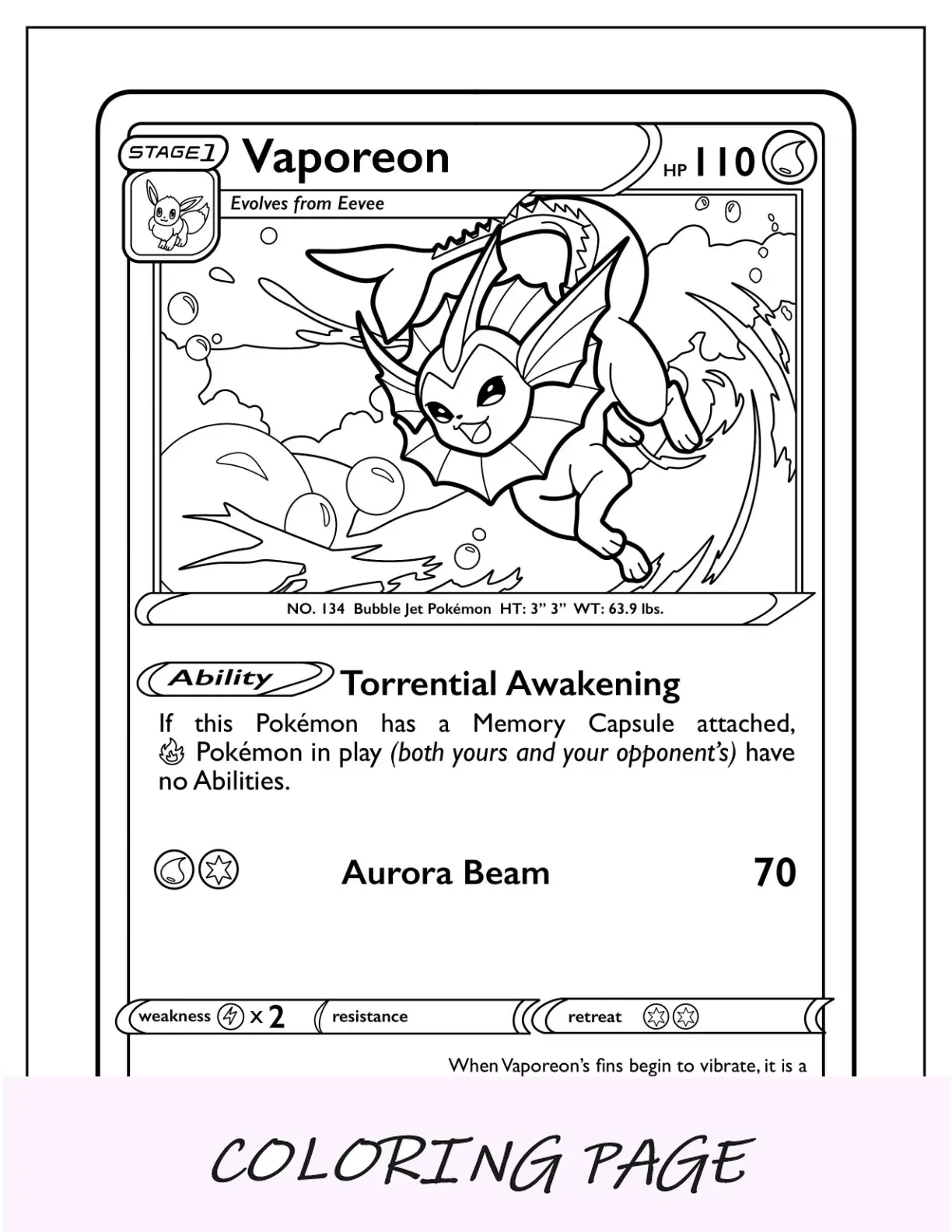 Página para colorear de Baby Vaporeon durmiendo en una pelota para niños en edad preescolar