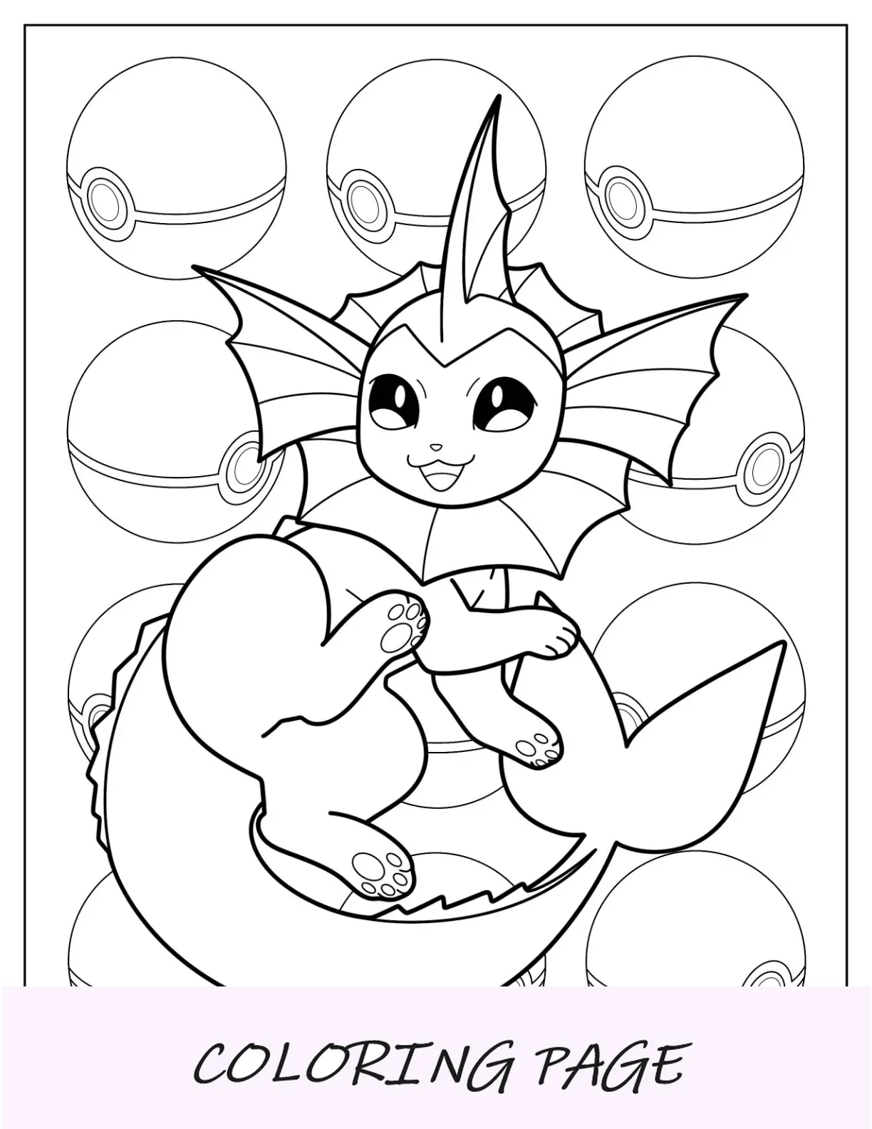 Página para colorear de Vaporeon sonriente rodeado de flores de loto