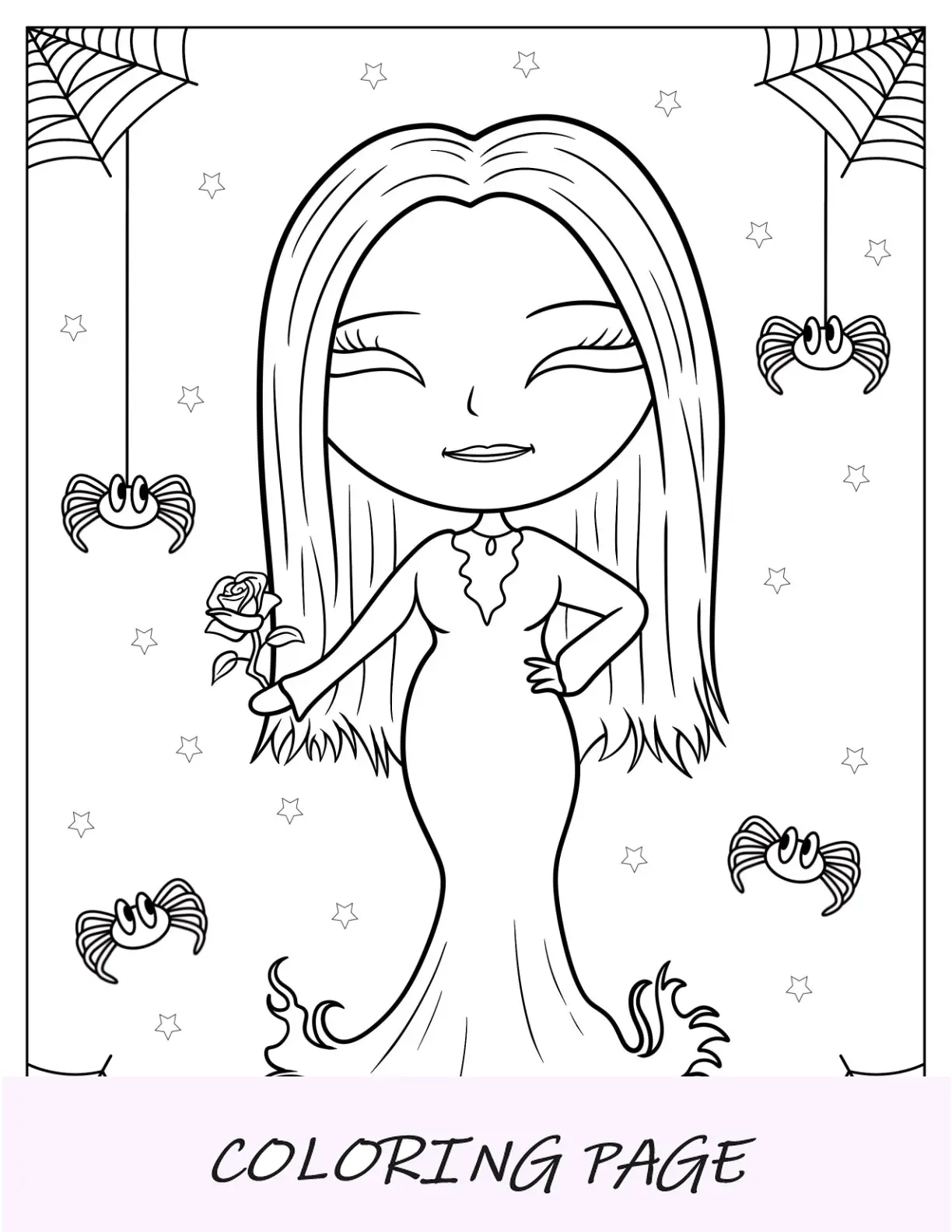 Quarta-feira para colorir de Chibi Morticia Addams segurando uma rosa para crianças