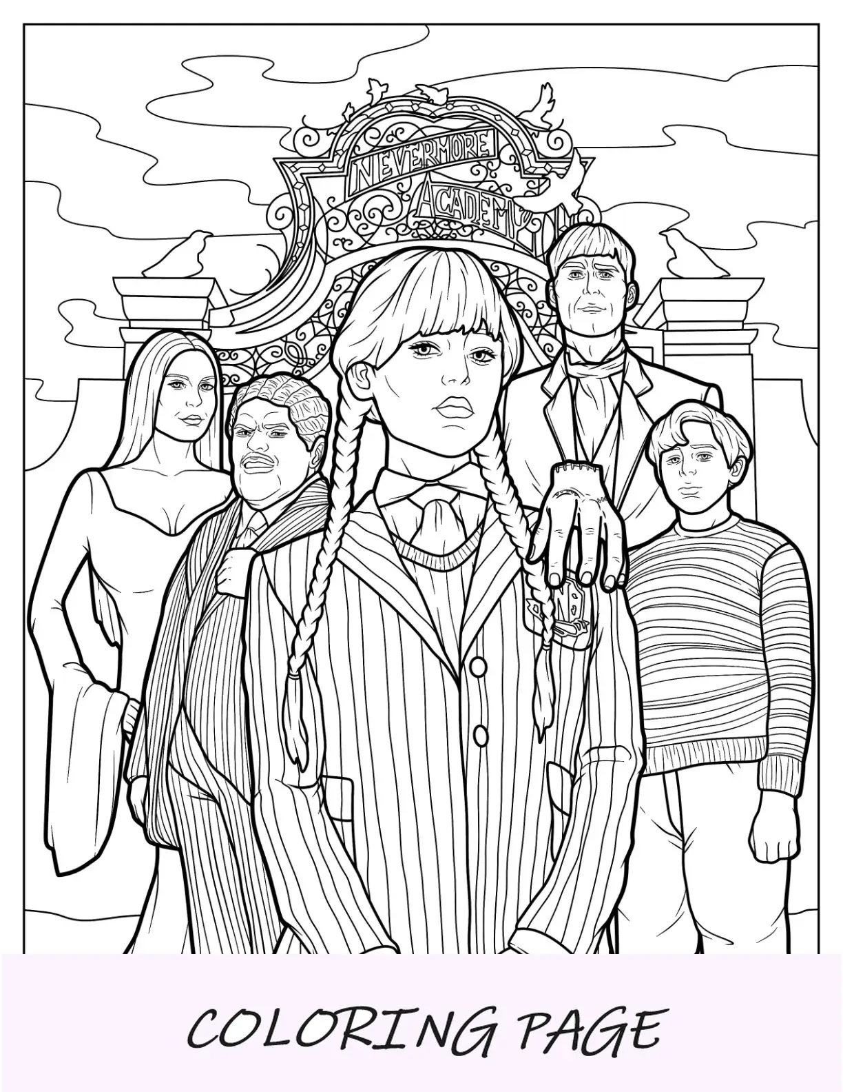 Página para colorir realista de quarta-feira com Thing, Morticia, Gonzalez, Pugsley e Lurch In Front Of Nevermore
