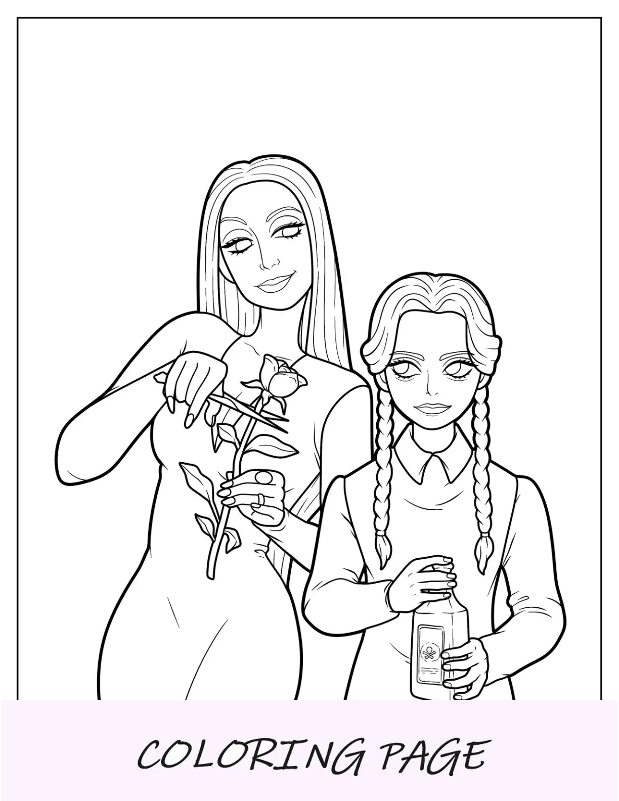 Desenho para colorir de Easy Morticia Addams segurando uma rosa com quarta-feira