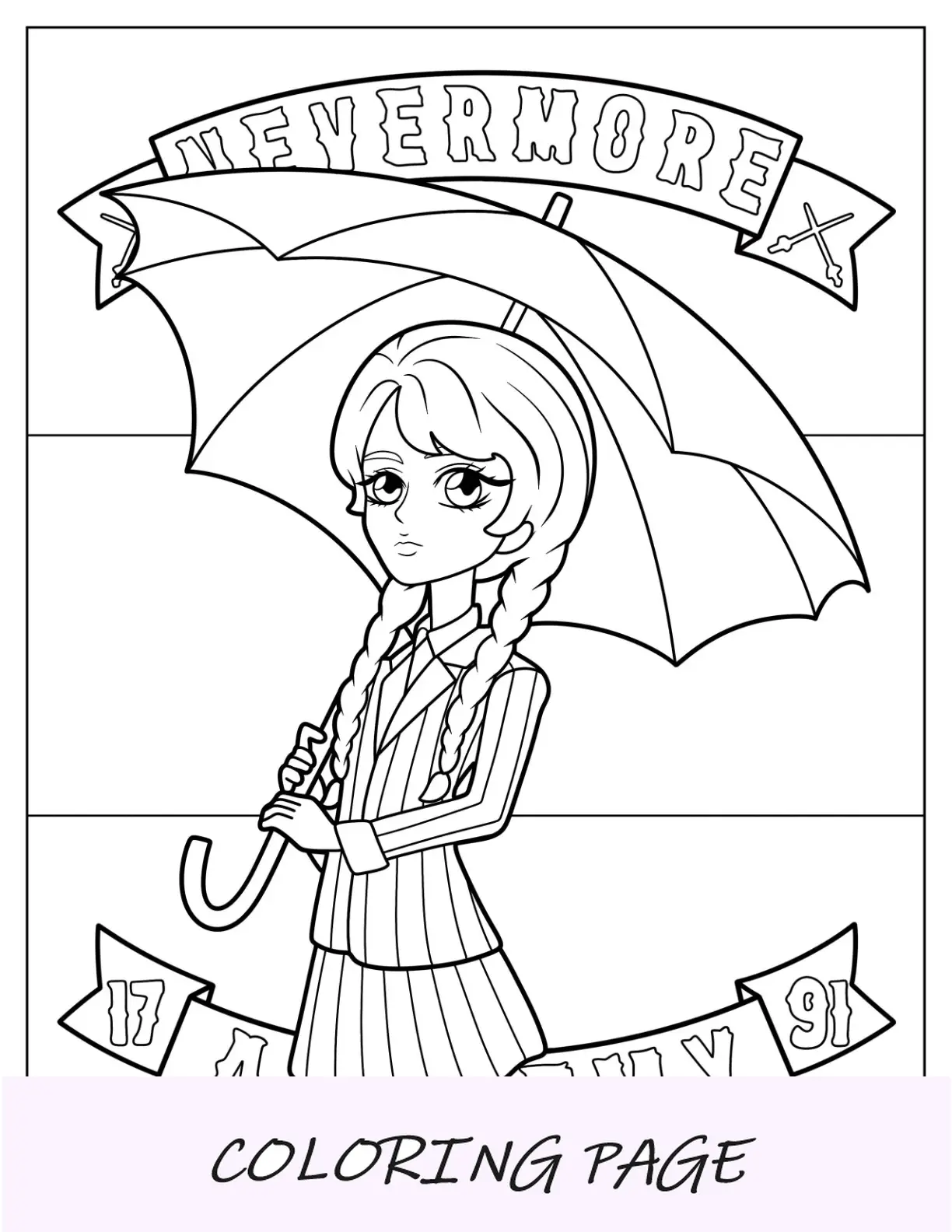 Página para colorir de quarta-feira de desenho animado segurando guarda-chuva