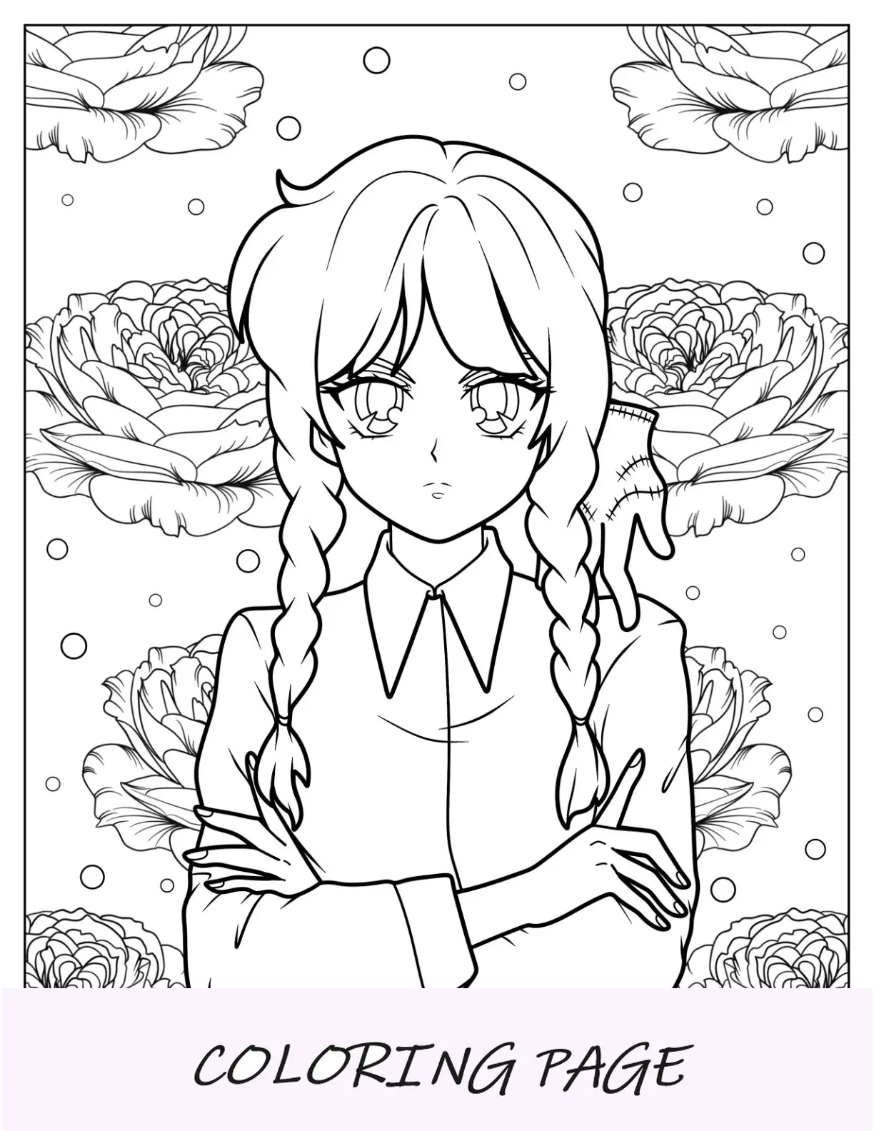Desenho para colorir de quarta-feira de anime com os braços cruzados