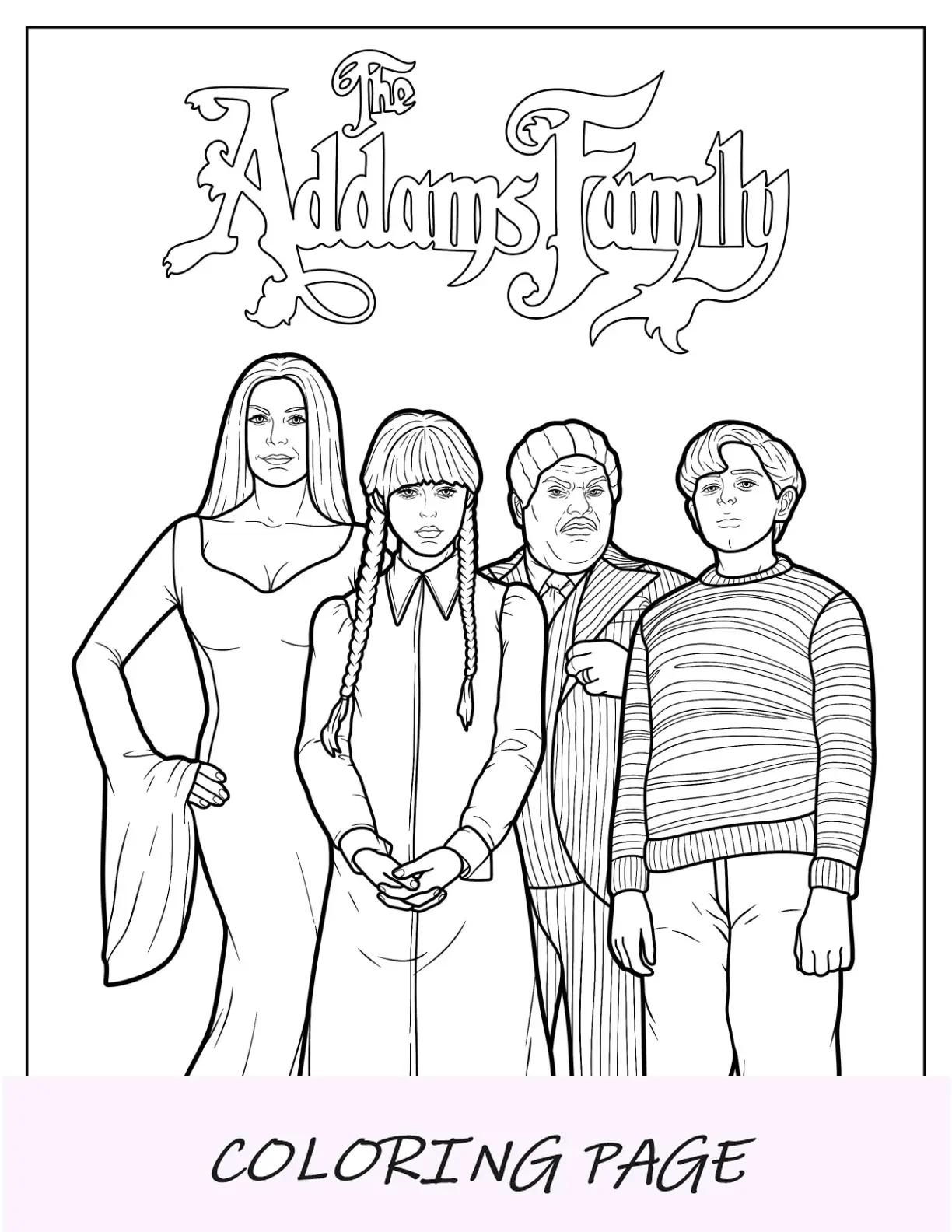 Página para colorir de quarta-feira do pôster da família Addams com Morticia, Pugsley e Gomez