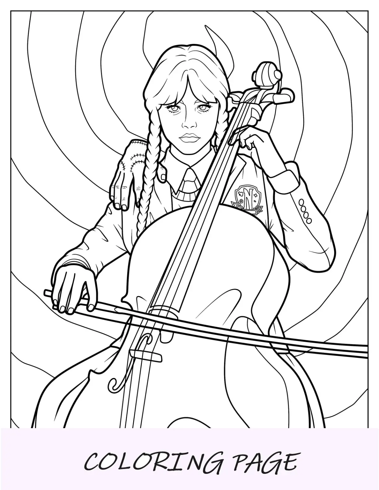 Página para colorir realista de quarta-feira tocando violoncelo com uma coisa no ombro