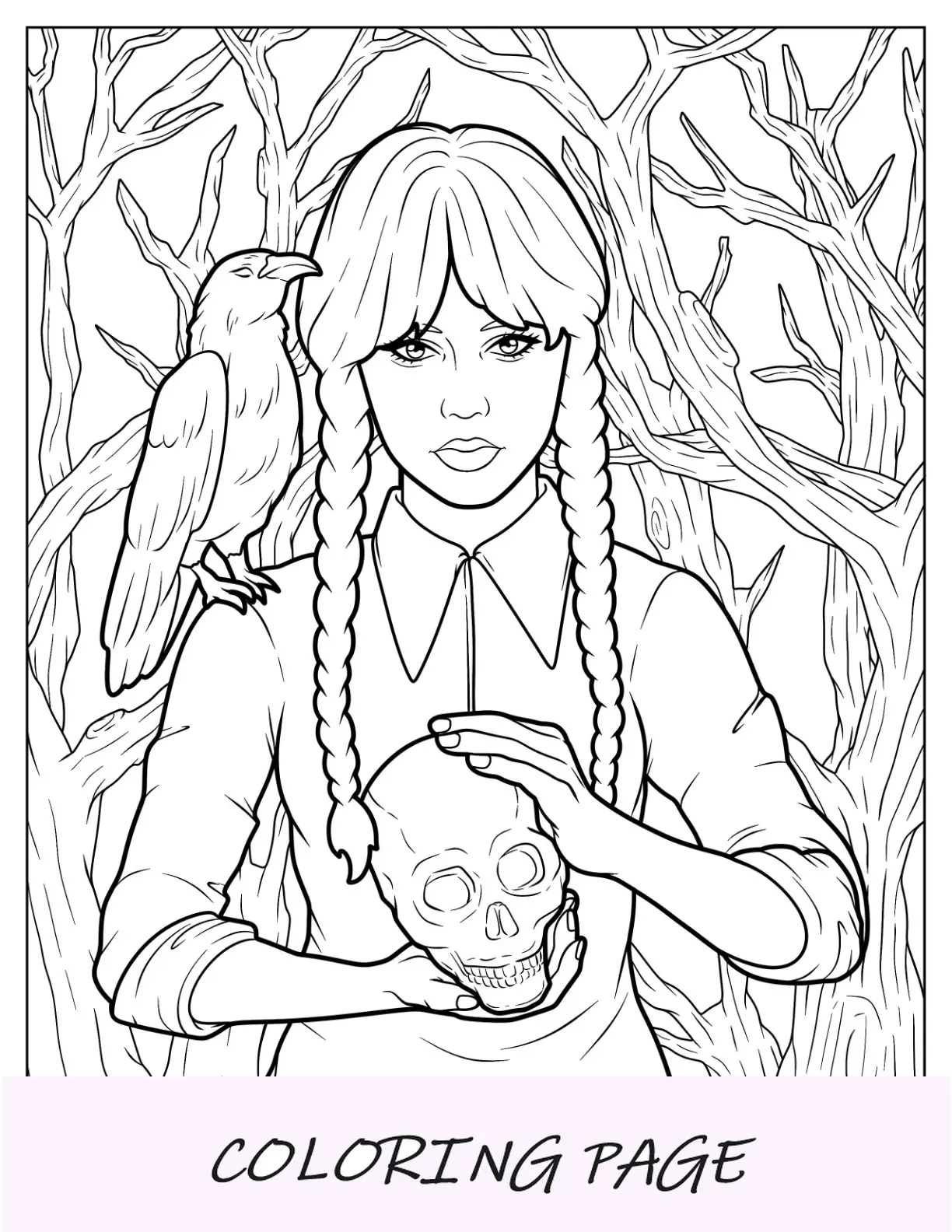 Página para colorir de Jenna Ortega Wednesday com um corvo no ombro enquanto segura uma caveira
