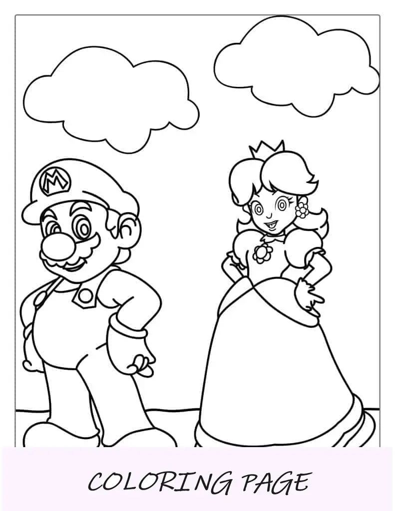 Hoja para colorear de Peach y Mario