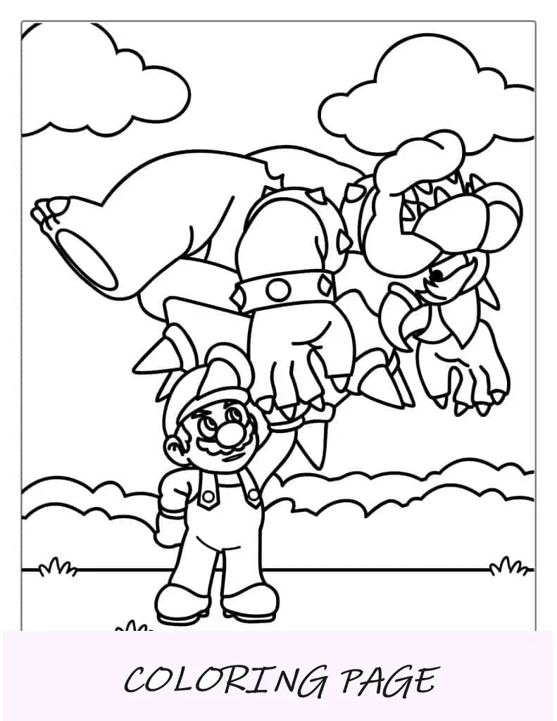 Mario sosteniendo a Bowser para colorear
