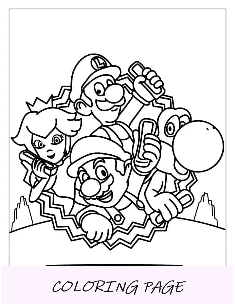 Mario, Yoshi, Luigi y Peach para colorear