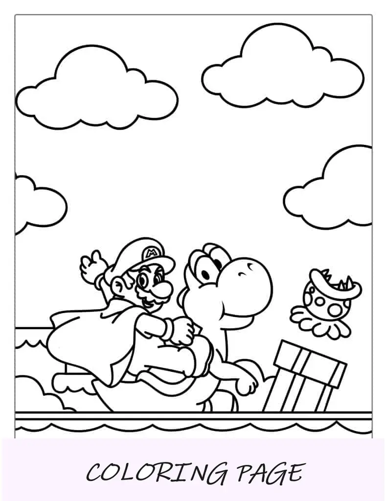 Mario montando a Yoshi para colorear para niños