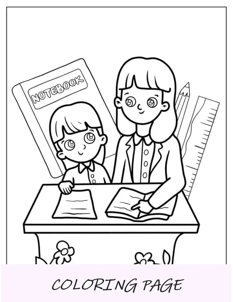 Página para colorir do professor mostrando à criança como ler