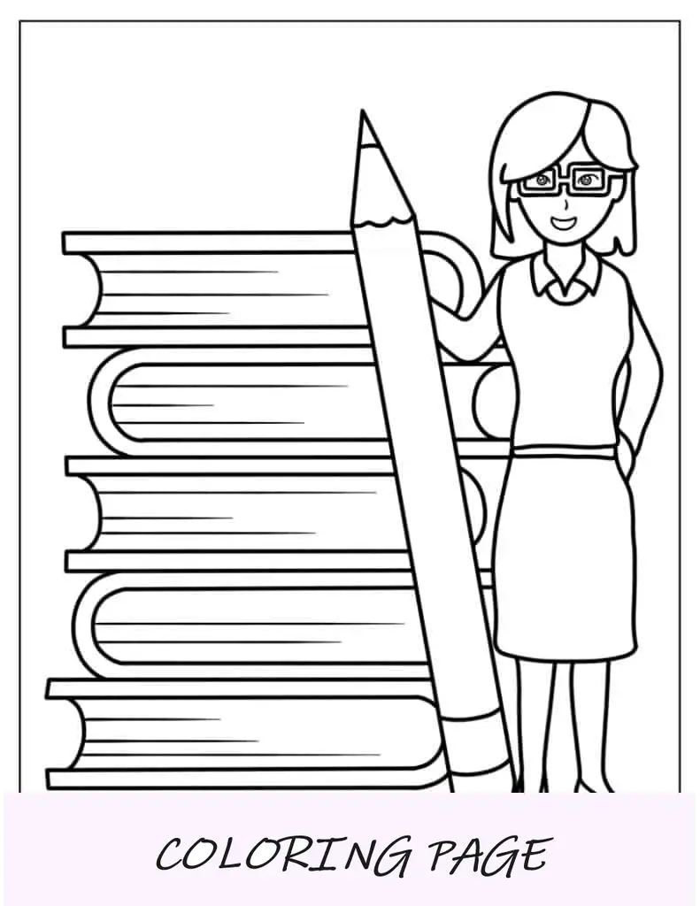 Página para colorir de professor segurando um lápis ao lado de livros