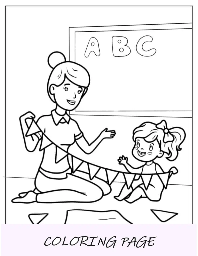 Professor e criança decorando sala de aula para colorir