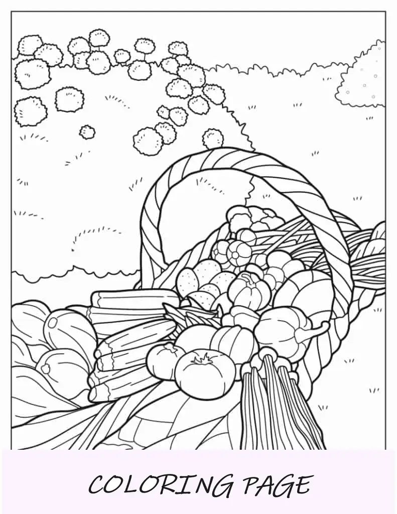 Hoja para colorear realista de la cosecha de hortalizas del jardín