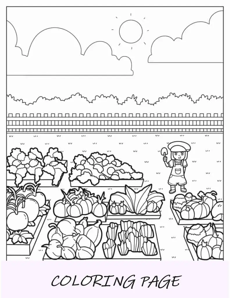 Hoja para colorear kawaii de un jardinero cuidando huertos