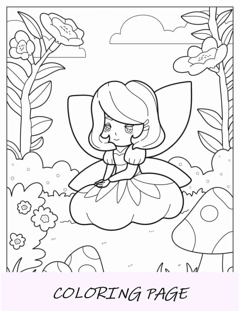 Hada kawaii sentada en el jardín de flores