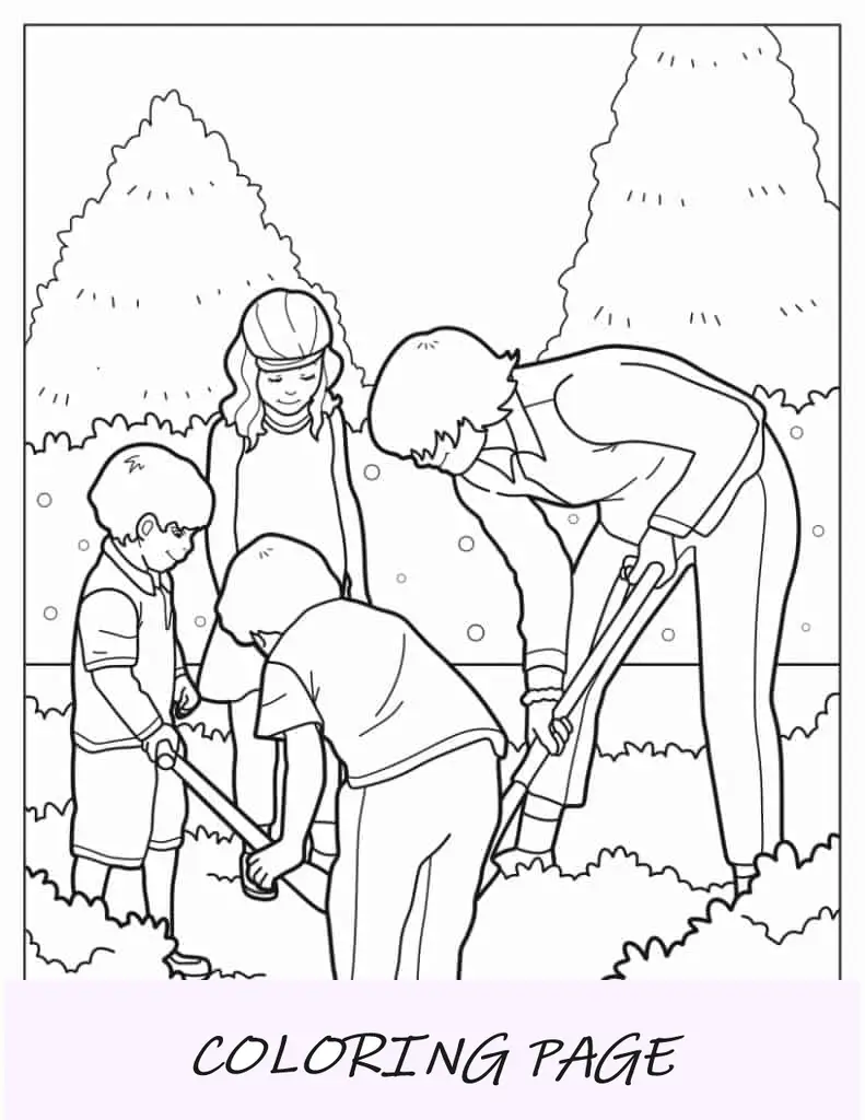 Padre e hijos paleando en el jardín.