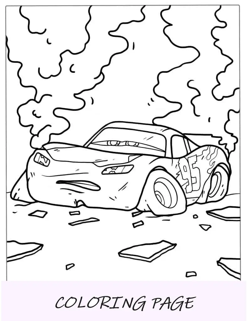 Desenho para colorir de Relâmpago McQueen depois de um acidente