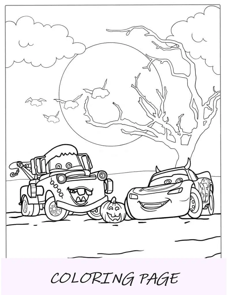 McQueen e Mater com tema de Halloween para colorir