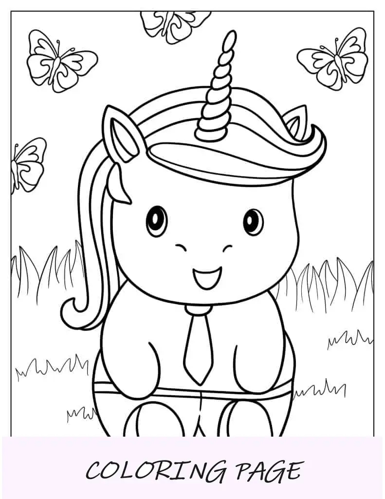 Unicórnio bebê fofo com borboletas para colorir