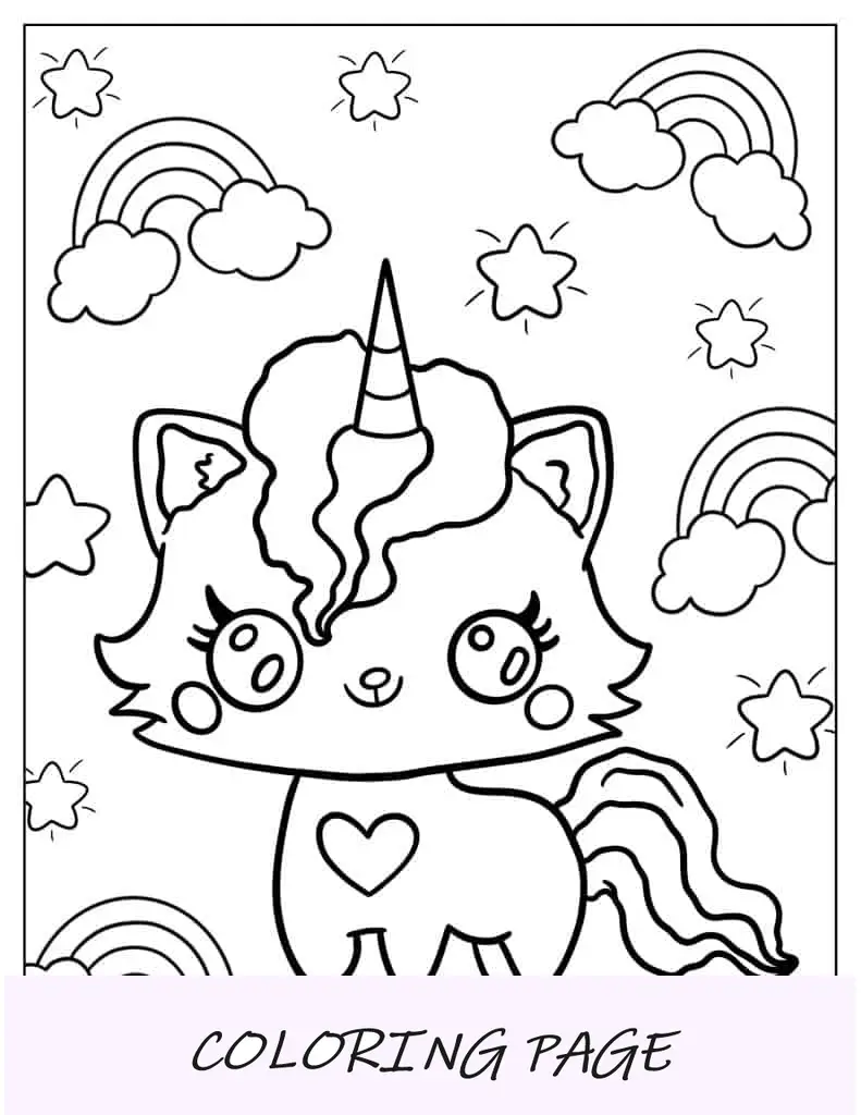 Gato Kawaii fofo com arco-íris para colorir