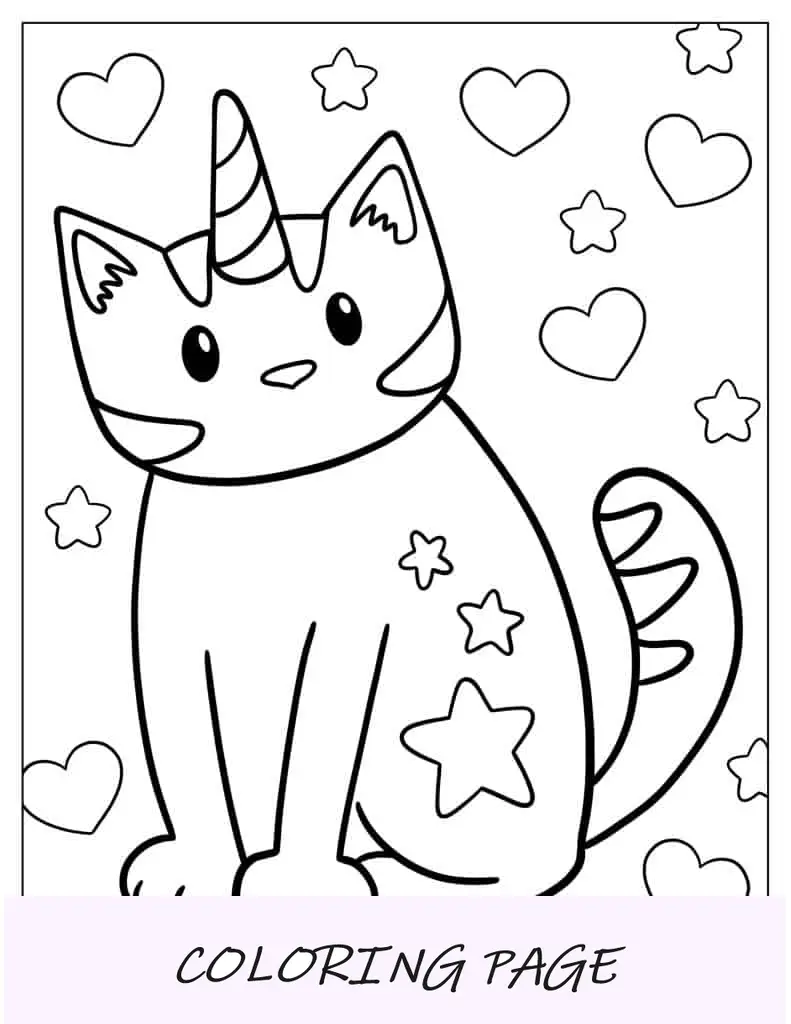 Gato unicórnio fofo com corações amorosos